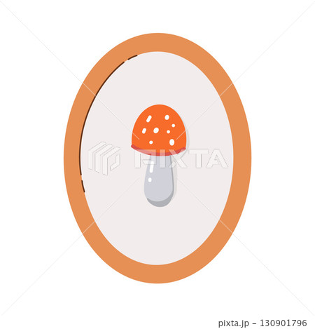 Cute oval vintage retro frame with mushroom. Wooden frame for interior, home decor. Autumn attribute. Fall interior. Vector flat illustration in brown tones. 130901796