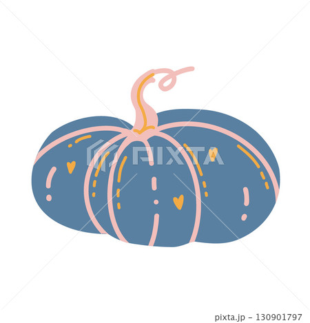 Cute decorative pumpkin with hearts isolated on white background. Vector flat illustration. Autumn decor element and Halloween attribute. Vector illustration in blue and pink colors. Clipart for girls Cute decorative pumpkin with hearts isolated on white background. Vector flat illustration. Autumn decor element and Halloween attribute. Vector illustration in blue and pink colors. Clipart for girls 130901797