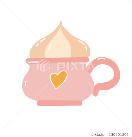 Illustration of cute pink mug with whipped cream. Mug with a heart isolated on white background. Vector flat illustration. Autumn attribute 130901802