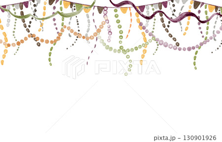 Festive watercolor frame with ropes, tinsel, and carnival elements. Ideal for greeting cards, party backgrounds, and event invitations. Horizontal banner with hanging garlands and ribbons. Festive watercolor frame with ropes, tinsel, and carnival elements. Ideal for greeting cards, party backgrounds, and event invitations. Horizontal banner with hanging garlands and ribbons. 130901926