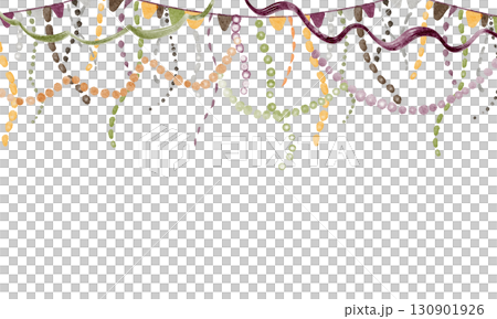 Festive watercolor frame with ropes, tinsel, and carnival elements. Ideal for greeting cards, party backgrounds, and event invitations. Horizontal banner with hanging garlands and ribbons. Festive watercolor frame with ropes, tinsel, and carnival elements. Ideal for greeting cards, party backgrounds, and event invitations. Horizontal banner with hanging garlands and ribbons. 130901926