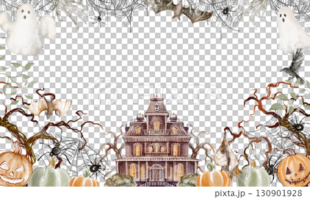 Halloween banner frame in watercolor style with pumpkin, ghost, bat, castle, spider, and cobweb elements for party, invitation, or flyer design. Halloween banner frame in watercolor style with pumpkin, ghost, bat, castle, spider, and cobweb elements for party, invitation, or flyer design. 130901928