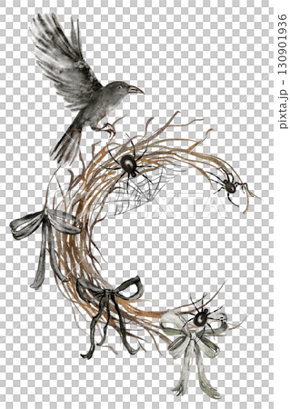 Wreath of dry branches with raven, spiders and bows. Watercolor illustration for card, invitation, template or background. Gothic element, Halloween decor, occult design. Wreath of dry branches with raven, spiders and bows. Watercolor illustration for card, invitation, template or background. Gothic element, Halloween decor, occult design. 130901936