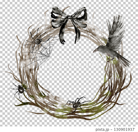 Wreath of dry branches with raven, spiders and bows. Watercolor illustration for card, invitation, template or background. Gothic element, Halloween decor, occult design. 130901937