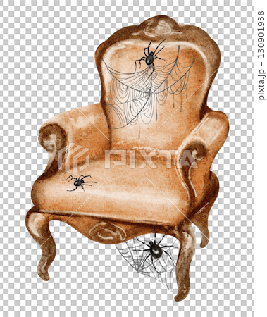 Watercolor drawing of a vintage armchair in orange with cobwebs. Antique furniture with carved details. Ideal for home interior, decoration, or Halloween concept. 130901938