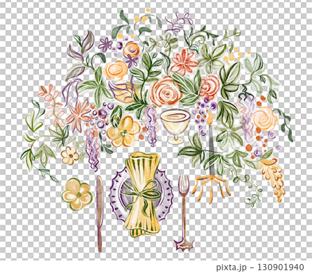 Dinner table watercolor illustration with flowers, napkin, cutlery, menu and candle. Hand painted template for catering, brunch, banquet, reception, appetizer, cocktail hour or seating design. 130901940