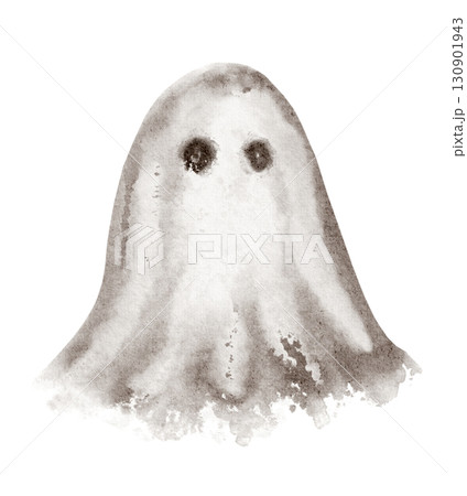 Ghost illustration in watercolor style. Halloween phantom, spirit, poltergeist character. Hand drawn cartoon, magical decoration, isolated creature, spooky, friendly, ghost icon, art element. 130901943