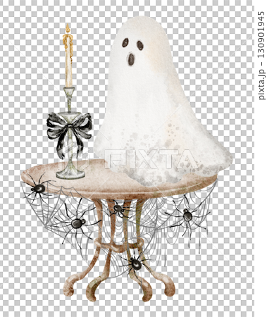 Hand-drawn Halloween scene with a candle, ghost, and festive table setting. Includes spider web, raven, and wooden textures for an atmospheric holiday look. 130901945