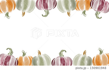 Rectangular watercolor frame of pumpkins and gourds for fall, harvest, Halloween and Thanksgiving. Seasonal border template with copy space for card, banner, invitation or design. 130901948