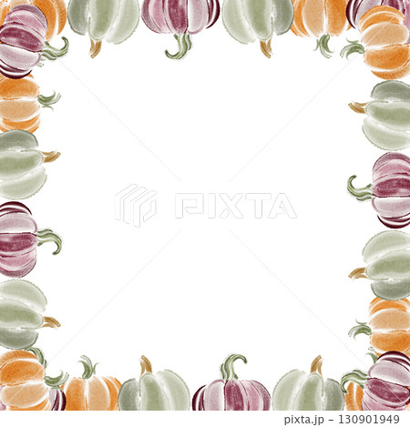 Square watercolor frame with pumpkins, gourds and autumn harvest. Seasonal border for menu, invitation, postcard, banner or template. Copy space for text and holiday layout. 130901949
