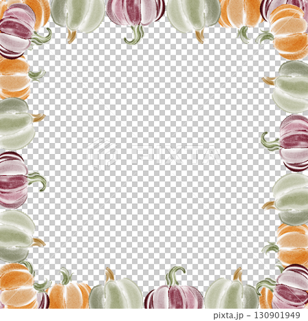 Square watercolor frame with pumpkins, gourds and autumn harvest. Seasonal border for menu, invitation, postcard, banner or template. Copy space for text and holiday layout. 130901949