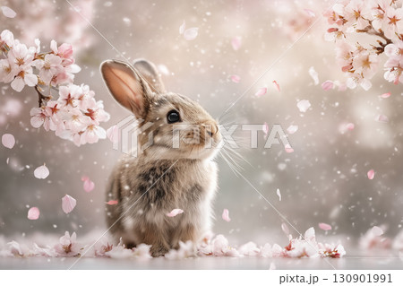 桜舞う春のウサギのポートレート｜優しさと希望あふれる季節のワンシーン 130901991