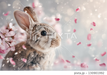 桜舞う春のウサギのポートレート｜優しさと希望あふれる季節のワンシーン 130901992