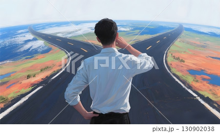 どちらの道に進むか、人生の選択に悩む男性の後ろ姿　心理学・ビジネス系コンテンツ用 130902038