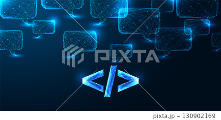 Coding and digital communication concept with low poly code symbol and speech bubbles, AI vector 130902169