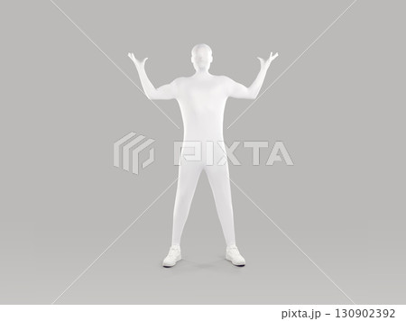Faceless man in white body suit standing with raised hands 130902392