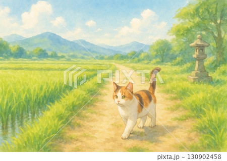 田んぼ道を歩く三毛猫と夏の青空風景 130902458