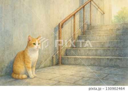 石段と夕暮れの光にたたずむ茶白猫 130902464