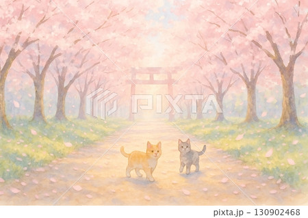 桜並木と鳥居を背景に歩く2匹の猫 130902468