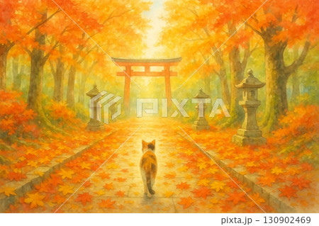 紅葉に染まる参道と鳥居を歩く猫 130902469