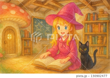 魔法の本を読む少女と黒猫 130902477