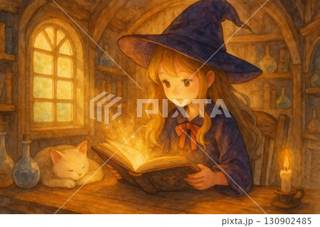 魔法の本を読む少女と白猫 130902485