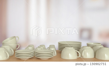 The Ceramic kitchen ware on wood table for food concept 3d Rendering. The Ceramic kitchen ware on wood table for food concept 3d Rendering. 130902731