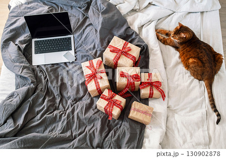 Laptop with credit card, wrapped gift box and cute cat on bed. Online shopping and delivery for Christmas or holiday season. Laptop with credit card, wrapped gift box and cute cat on bed. Online shopping and delivery for Christmas or holiday season. 130902878