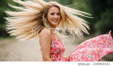 髪をなびかせる女性 130903321