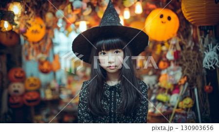 ハロウィン飾りと魔女の衣装を着た女の子 130903656