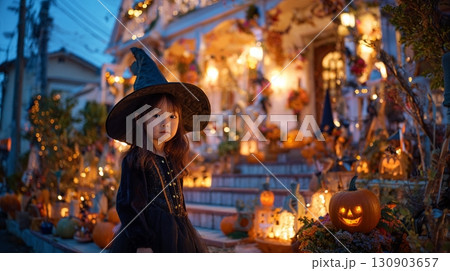 ハロウィン飾りと魔女の衣装を着た女の子2 130903657