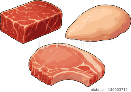 生の豚肉、鶏肉、牛肉のイラスト 生の豚肉、鶏肉、牛肉のイラスト 130903712