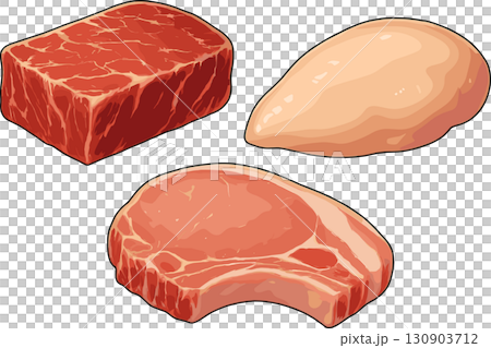 生豬肉、雞肉和牛肉插圖 130903712