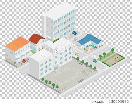 學校、托兒所和房屋的城市景觀等距圖像 學校、托兒所和房屋的城市景觀等距圖像 130903986