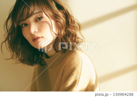 ミディアムショートヘアの女性・ヘアカラー・ヘアサロン「AI生成画像」 130904286