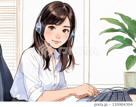 テレアポをする若い女性オフィスワーカー(水彩イラスト) テレアポをする若い女性オフィスワーカー(水彩イラスト) 130904304