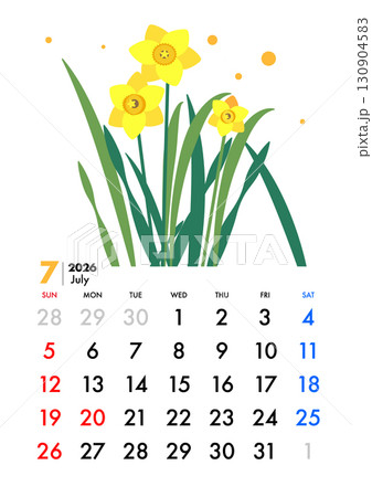 7月カレンダー,卓上,水仙の花,祝日,日曜始まり,日本 130904583