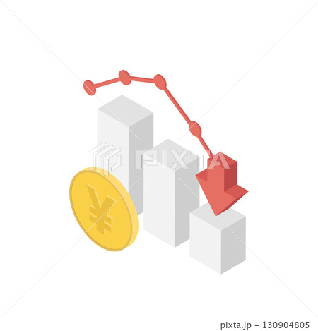 下降グラフと円マークのベクターアイコン(アイソメトリック・ビジネス) 下降グラフと円マークのベクターアイコン(アイソメトリック・ビジネス) 130904805