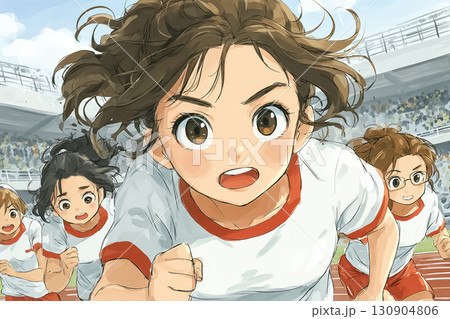 美優シリーズ：美優、仲間と一緒に走るシーン（運動部、動きのある構図） 130904806