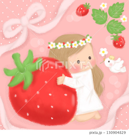 かわいい いちごと女の子のイラスト_リボン 130904829