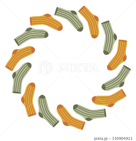 Autumn socks circle frame. Round border made of doodle hand drawn fall elements. Arranged in a circle for stickers, banners, cards, ads. Vector flat isolated on white background. 130904921