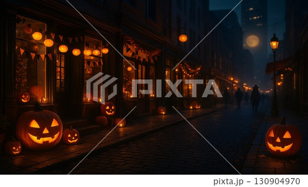 商店街に灯るジャックオーランタンと満月のハロウィン夜景 商店街に灯るジャックオーランタンと満月のハロウィン夜景 130904970