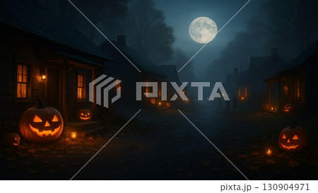 ハロウィンの夜とジャックオランタンの街並み ハロウィンの夜とジャックオランタンの街並み 130904971
