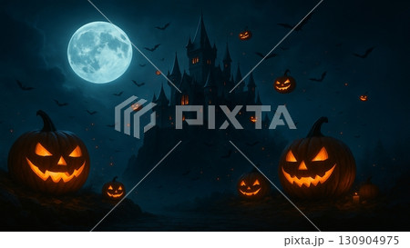 ハロウィンの満月とお城を囲むジャックオランタン 130904975