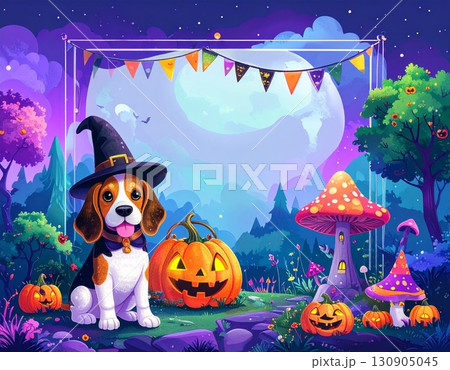ビーグルのハロウィンフレームイラスト・ 魔女帽子とジャック・オー・ランタン1／チラシやポスター用素材 130905045