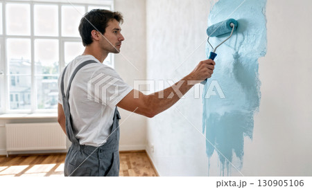 Man Painting Wall with Blue Paint Roller in Bright Room Interior 130905106