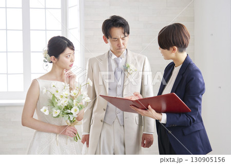 悩みながら打ち合わせする結婚式の司会者と新郎新婦 130905156