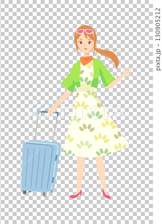キャリーバッグを持つワンピースの若い女性 130905212