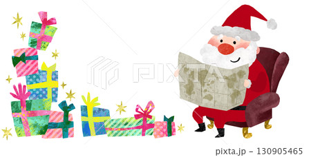 たくさんのプレゼントと地図を見ているサンタクロースのクリスマスイラスト素材 130905465