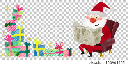 たくさんのプレゼントと地図を見ているサンタクロースのクリスマスイラスト素材 130905465